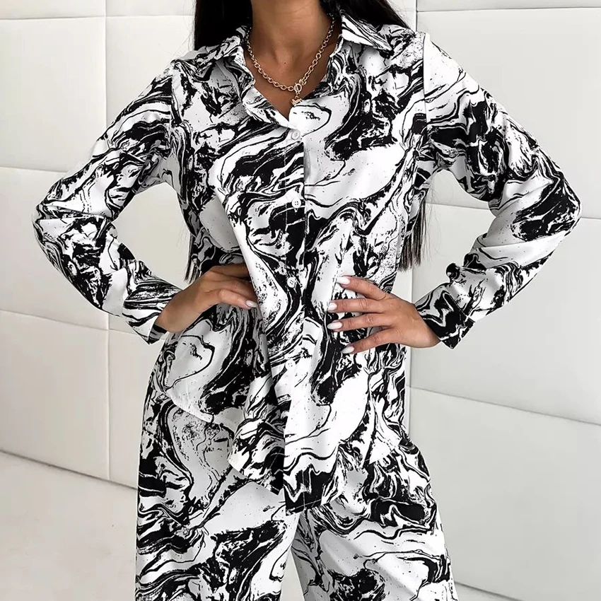 HiLoc Print Fashion Woven Inelastic Women Pajamas 2-Piece Long-Sleeved Lapel Single-Breasted Top Elastic Waist Full Length Pants