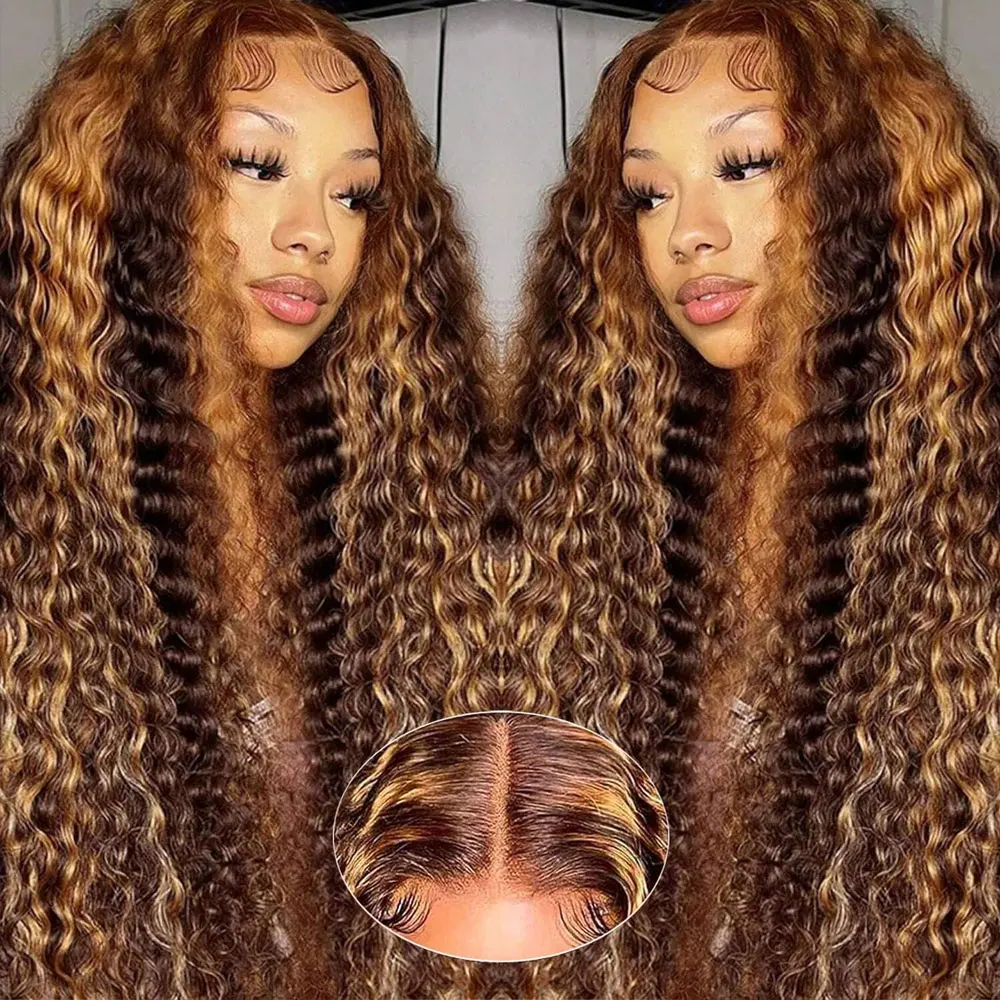 250% Density Highlight Colored 13x4 Lace Frontal Human Hair Wig Brazilian 4/27 Deep Wave Human Hair Wigs For Women Pre Plucked image 2