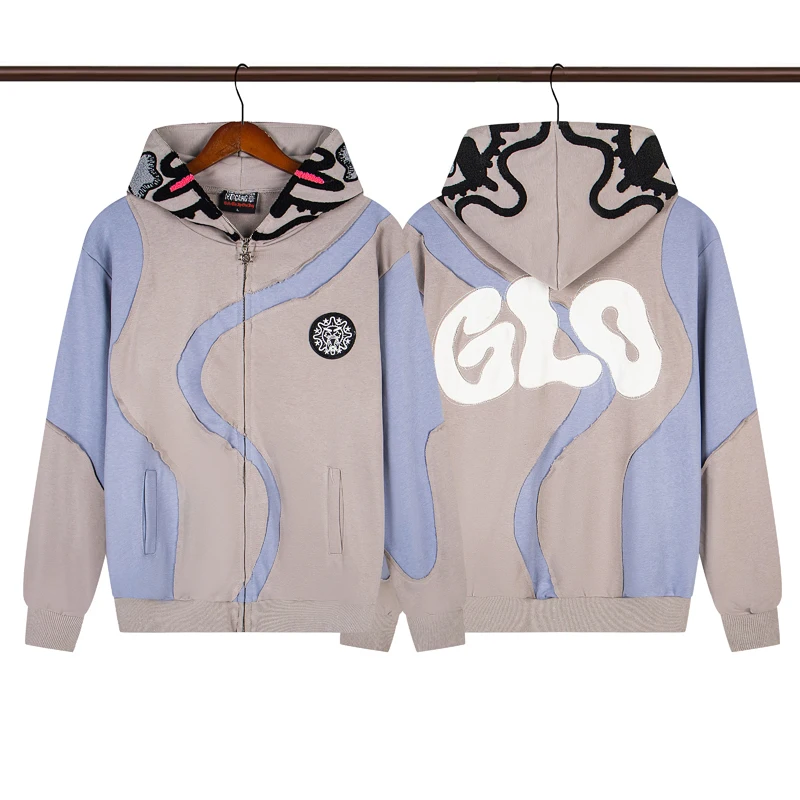 Glo Gang Color Block Zip Up Hoodie Irregular Patchwork Design Y2K Hip Hop Streetwear Unisex Jacket