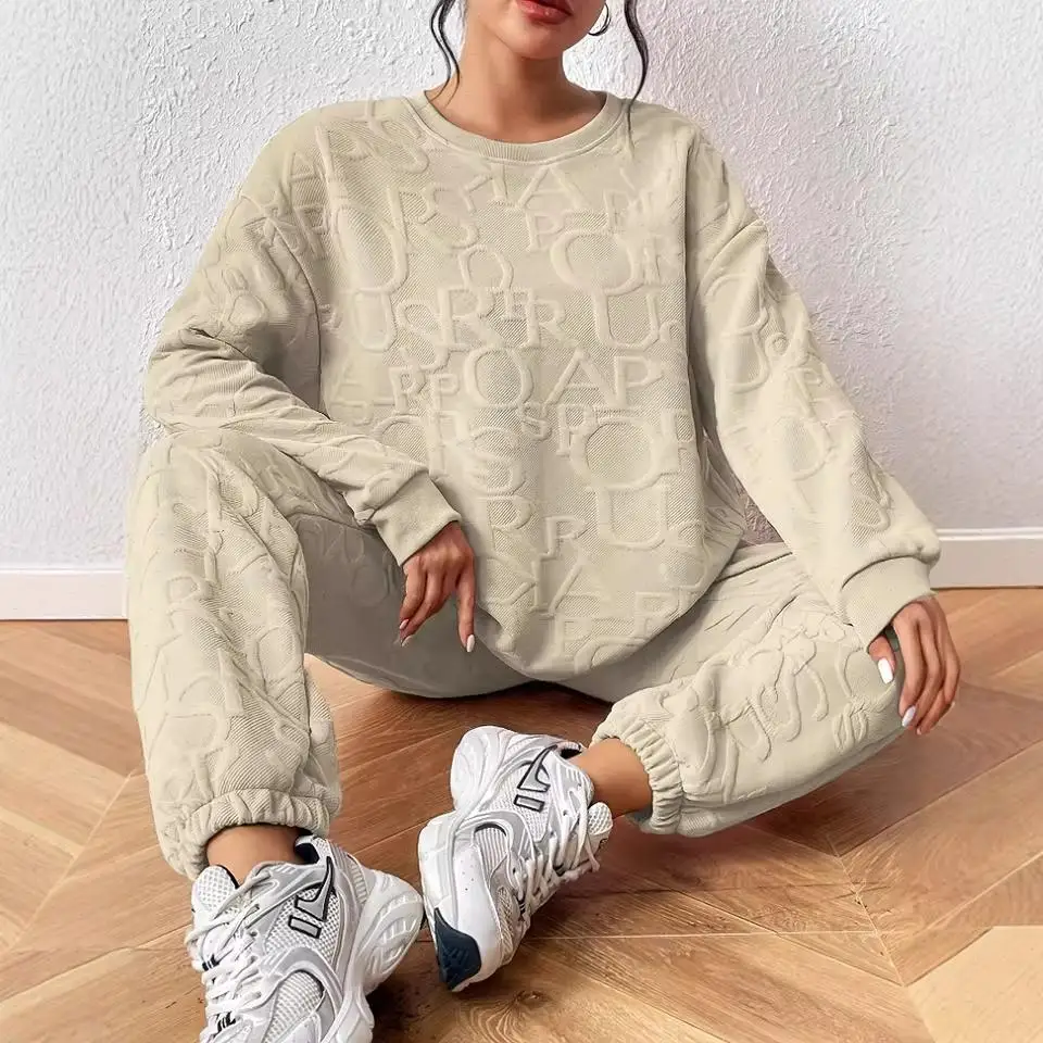 Women Pant Sets Two Pieces O Neck Hoodies Pullover Sweatshirt Long Sleeve Casual Elastic Waist Pencil Pants Solid Letter
