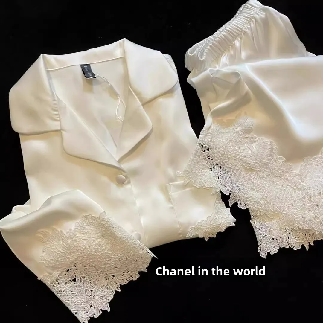 

Белый лунный свет, настраиваемый водорастворимый кружевной отделкой, ацетатные брюки, длинные брюки све, комплект домашней одежды для бюстгальтеров