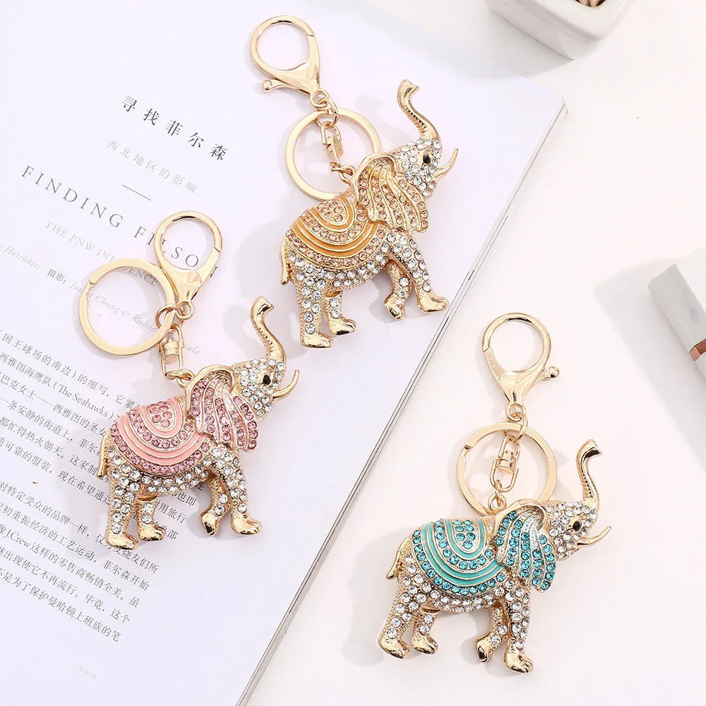 3D Auspicious Elephant Key Holder Chains Whole Enamel Colorful Crystal Bag Pendant Keyrings KeyChains For Women