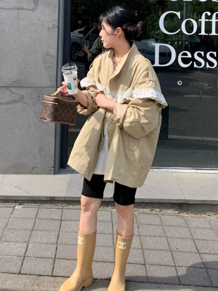 

Retro Chic Long Sve Patchwork Lace Trim Loose Dstring Workwear Sle Coat Autumn New Arrival Ladies Faion Outerwear