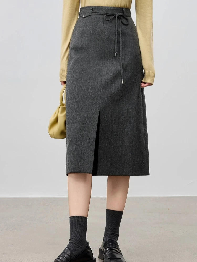 

SENTUBILA Women's Straight Skirt 2025 Autumn Detachable Tie Elastic Waistband Warm Office Commute Simple Style Skirt 153QF2956