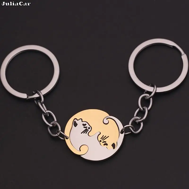 1Pair Cute Black Cat Keychain Patchwork Heart Round Couple Lovers Keyring Stainless Steel Backpack Car Key Ring Hanging Jewelry