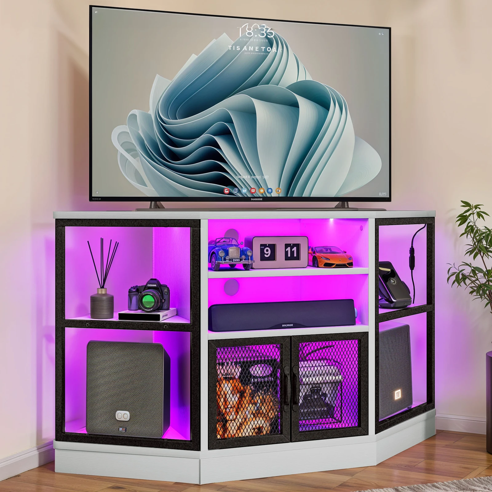 

TV Stand for 65 In TVs Entertainment Center With Power Outlets LED Lights