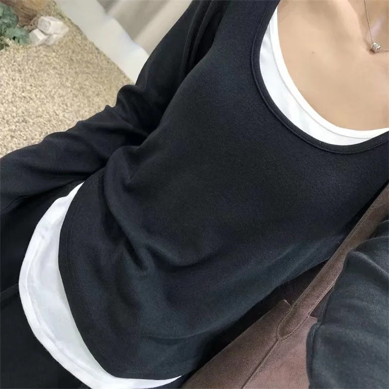 Y2K Contrast Patchwork T Shirts Women Korean Fashion Irregular Fake Two Pieces Tops Woman Fall Winter Long Sleeve Round Neck Tee