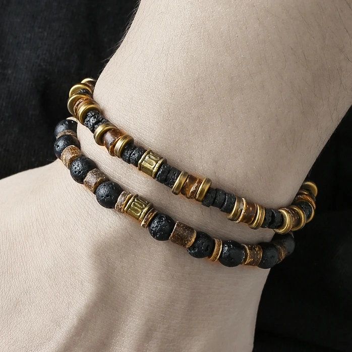 Fashion Retro volcanic stone elastic bracelet combination fashion wood chip coconut shell men stacking bracelets