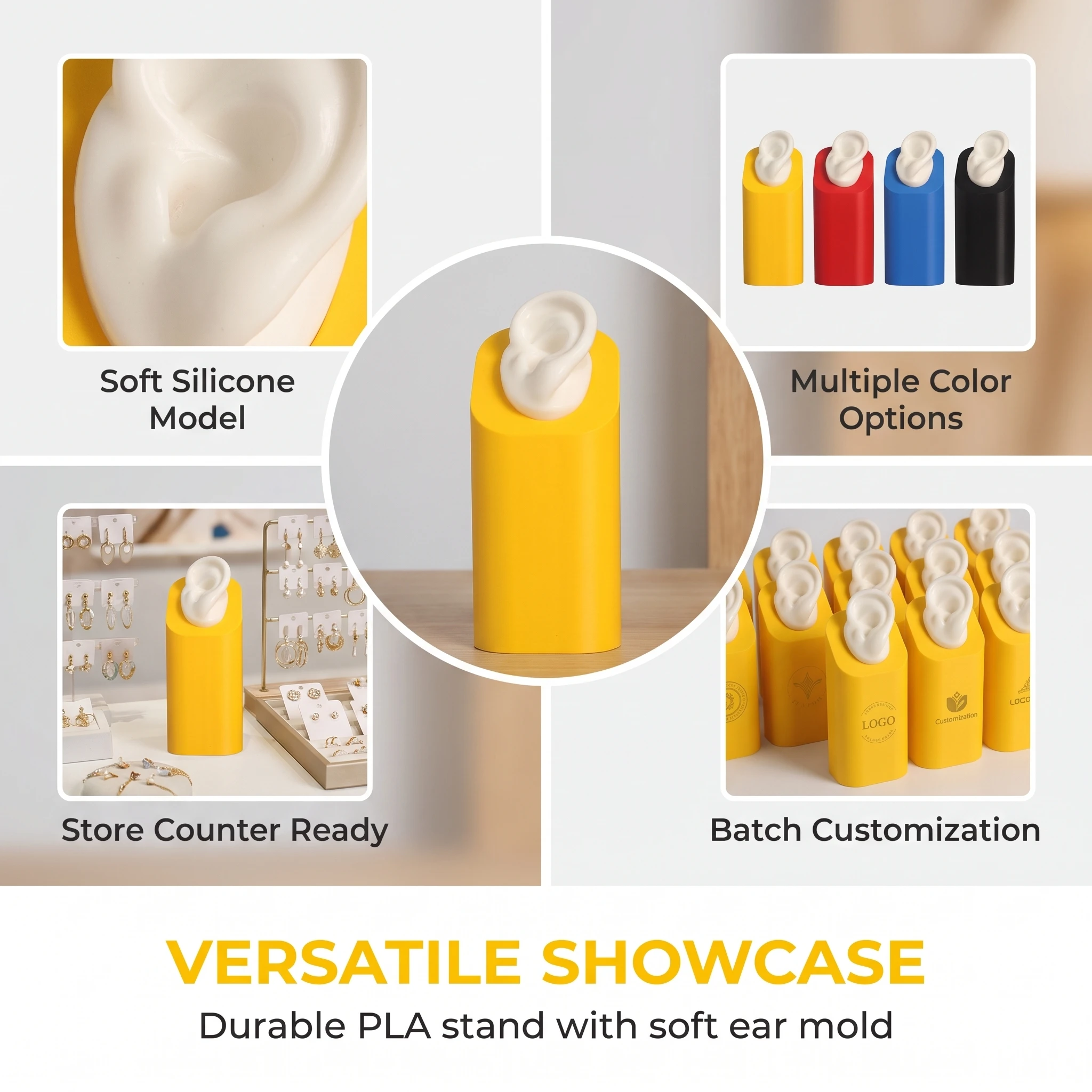 Silicone Ear Model Display Stand For Hearing Aids IEM CIEM Earphone Jewelry Exhibition Professional Audiology Shop Demonstration
