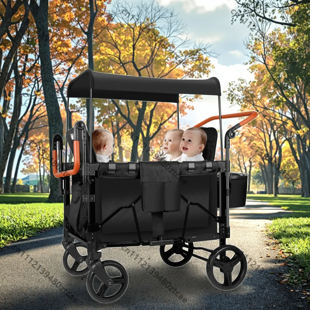 Collapsible 4 Seater Kids Wagon Stroller With 5 Point Safety Buckle Adjustable Sun Shade Canopy Outdoor Children Travel Cart