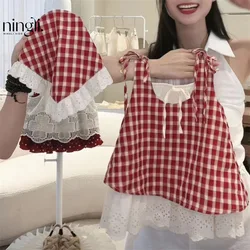 Hair hoop for free！！Girls' Red Plaid Mori Dress Summer New Children's Baby Girls' Vest Skirt Fashion