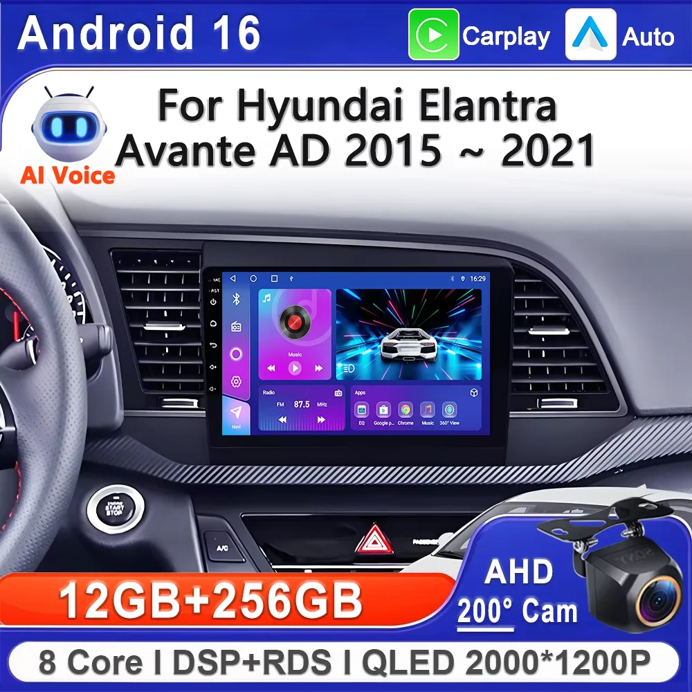Android 16 2K Incell Screen Multimedia For Hyundai Elantra Avante AD 2015 ~ 2021 High-performance CPU GPS Navigation Dash Cam BT