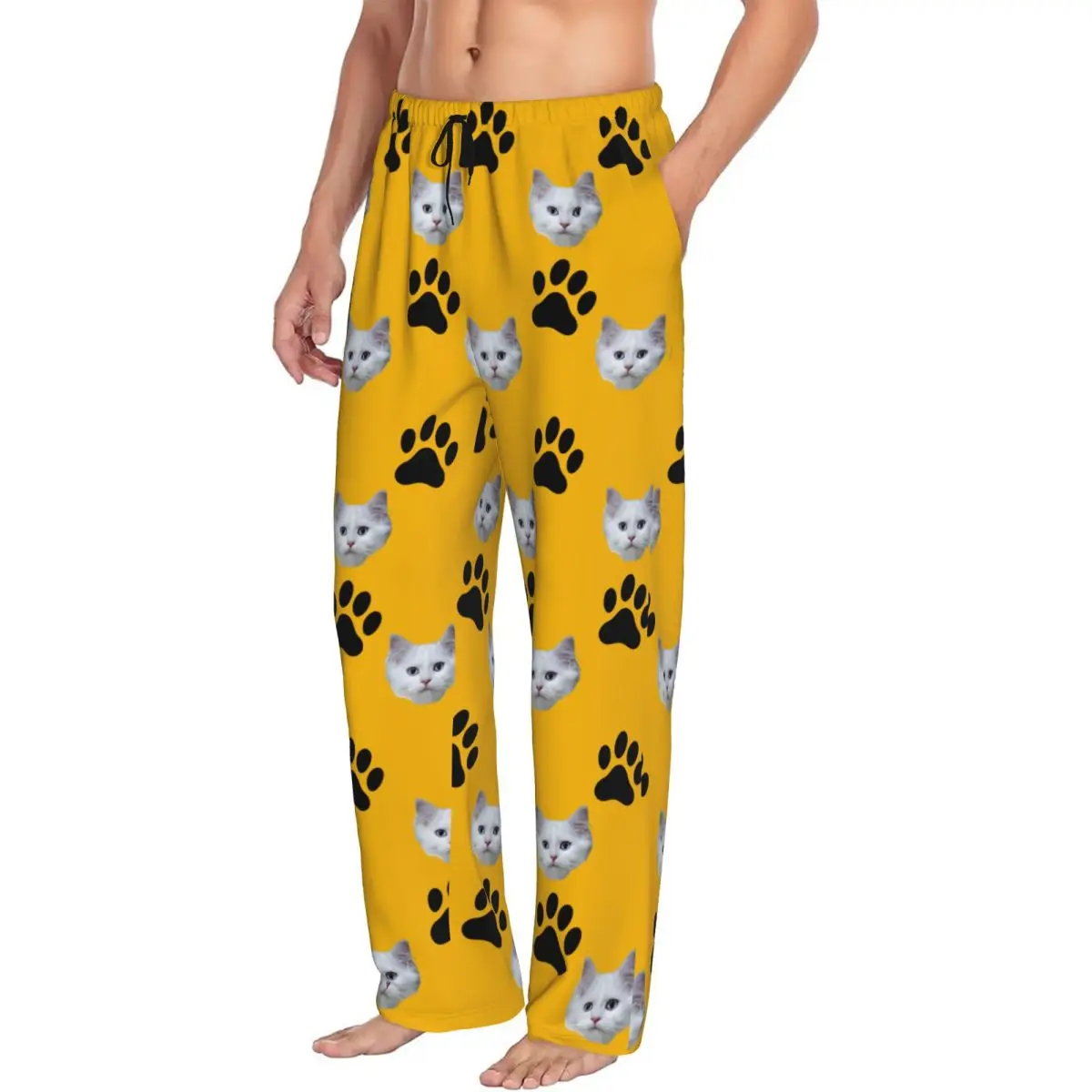Custom Personalized Pet Cat Face Pajamas Pajama Pants Men Lounge Sleep Stretch Sleepwear Bottoms with Pockets