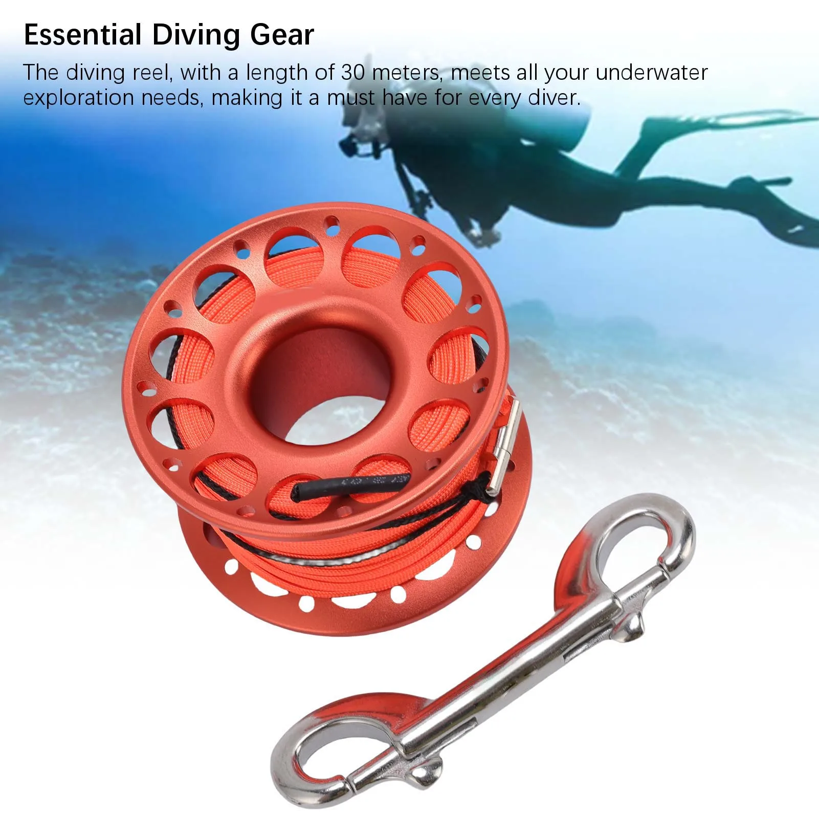 Picture 7: 30M Aluminum Alloy Scuba Diving Spool Finger Reel with Stainless Steel double ended hook Cave Tech Wreck Diving Finger Reel