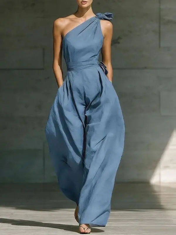  Color Diagonal Shoulder Loose Jumpsuit Women's Casual Straight Leg Pants Natural Waist Polyester Fiber Non-ironed
