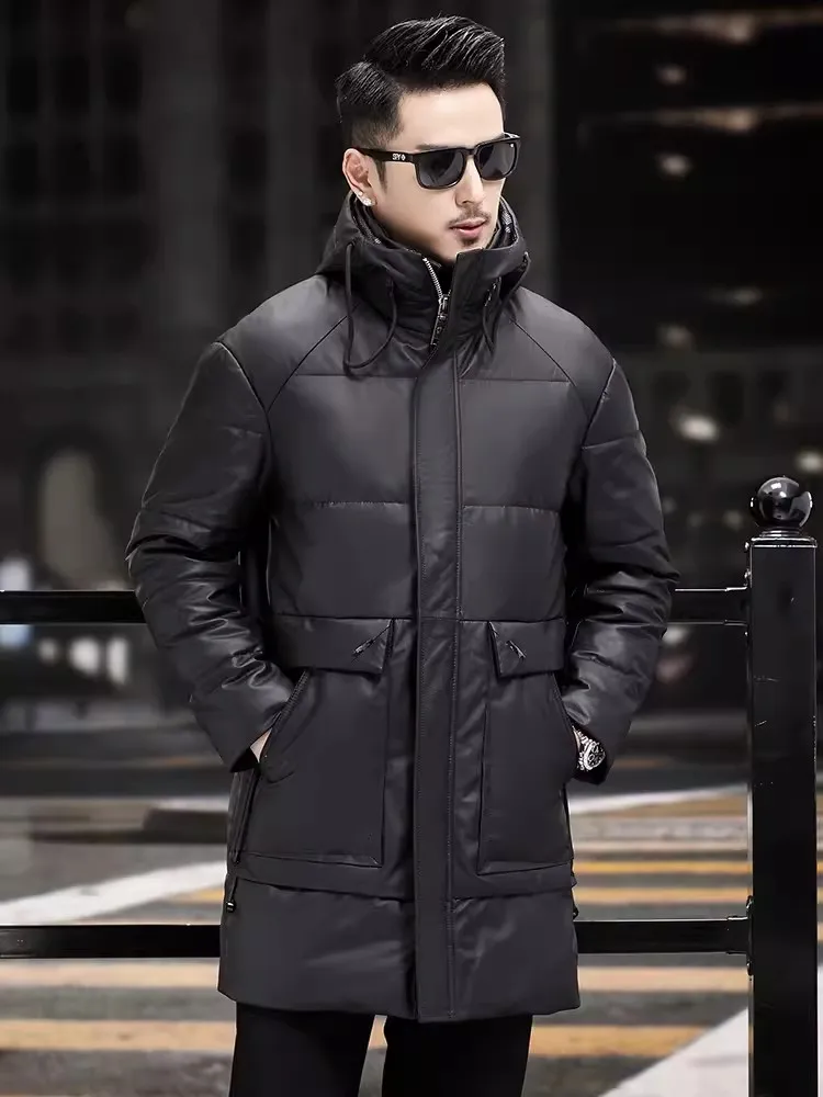 Winter Mens Thick Warm White Goose Down Coat Hooded Long Cowhide Genuine Leather Jacket Luxury Business Work Straight Overcoat