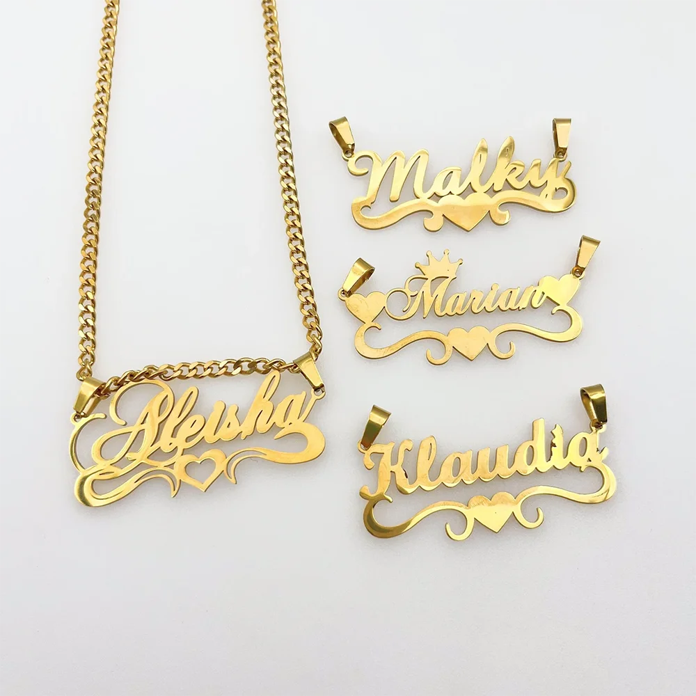 Personalized Custom Name Necklace Stainless Steel Nameplate Pendant with Heart Crown Charm Fashion for Women Men Jewelry Gift