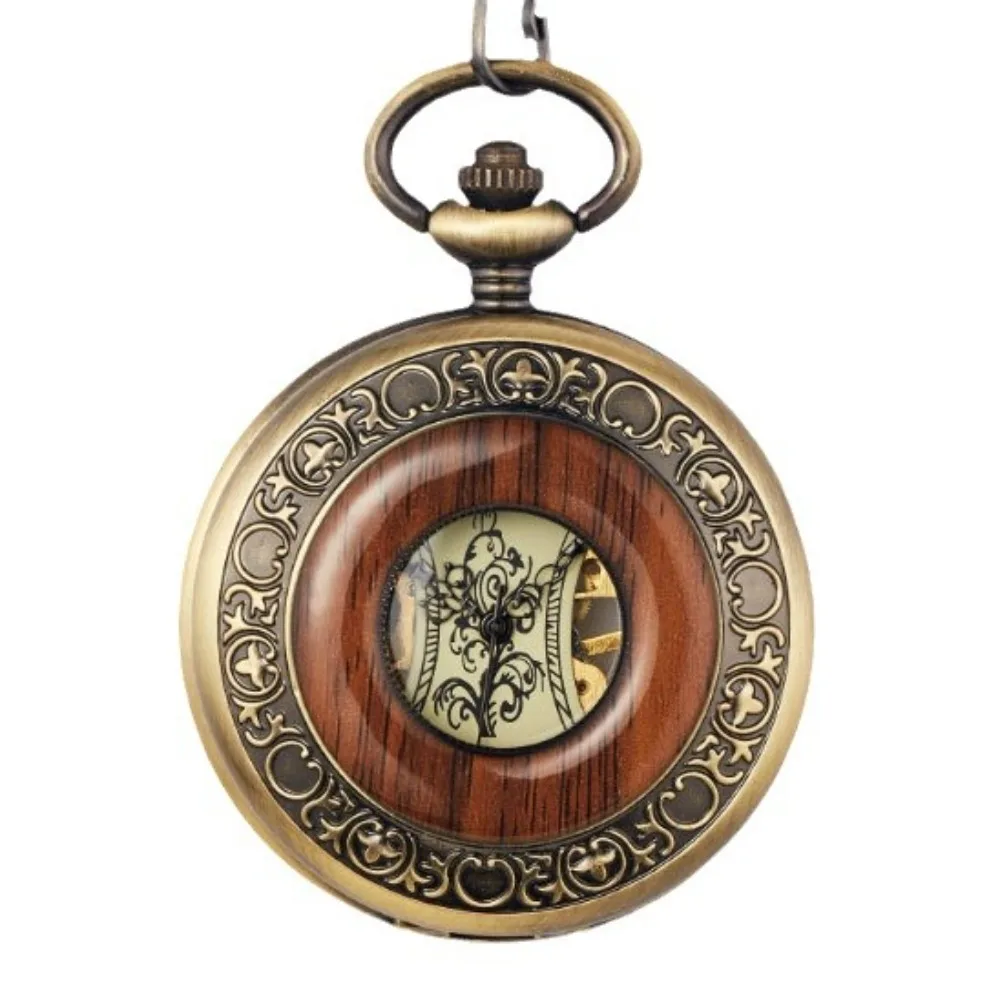 Reloj de bolsillo de grano de madera Steampunk Vintage, diseño hueco, reloj mecánico manual digital romano con cadena