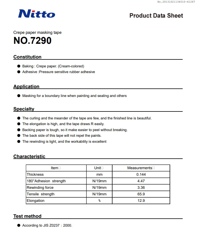 NO.7290 Crepe paper masking tape Product Data Sheet