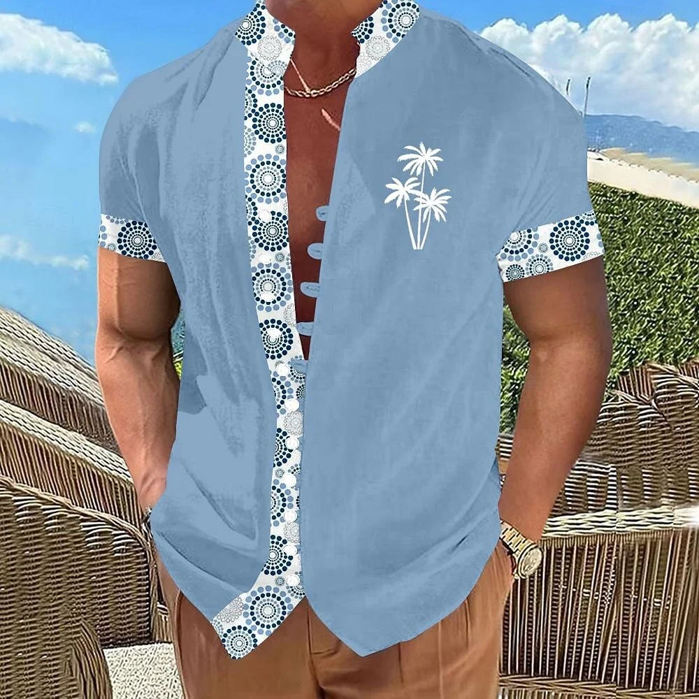 New holiday style linen short sleeved shirt men's green yellow checkered contrasting casual top clothing