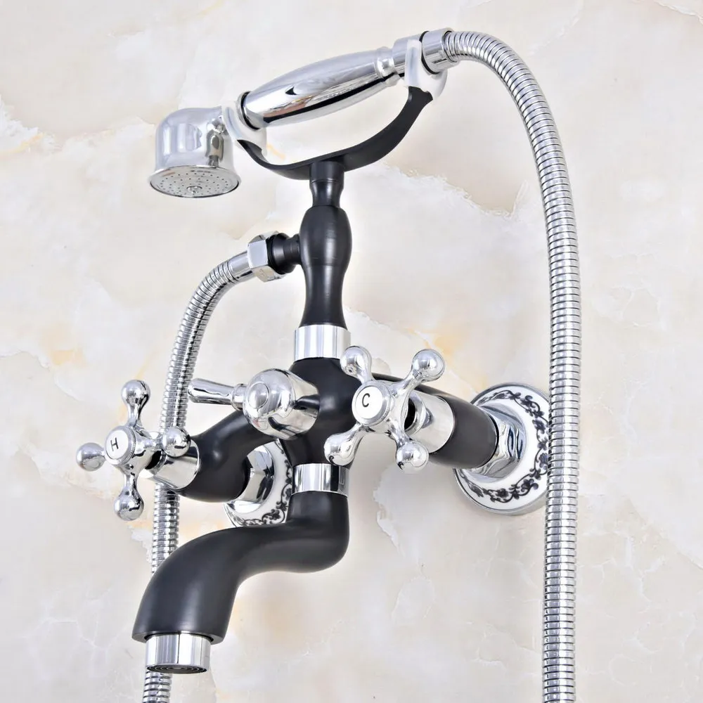 

Silver Chrome & Black Brass Wall Mount Bathroom Bathtub Faucet Set WITH/ 1500MM Handheld Shower Spray Head Mixer Tap Dna606