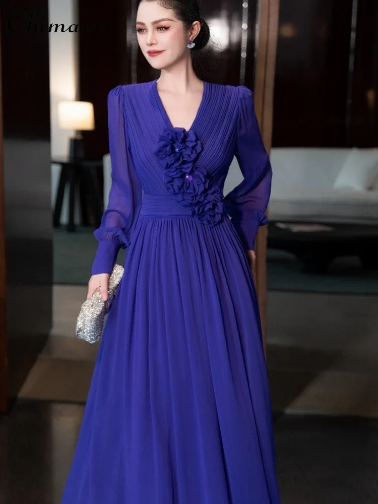 High-end Purple Dress Women's New 2024 Autumn Clothes Fashion Long Sleeve V-Neck High Waist Slim-fit Temperament Dresses