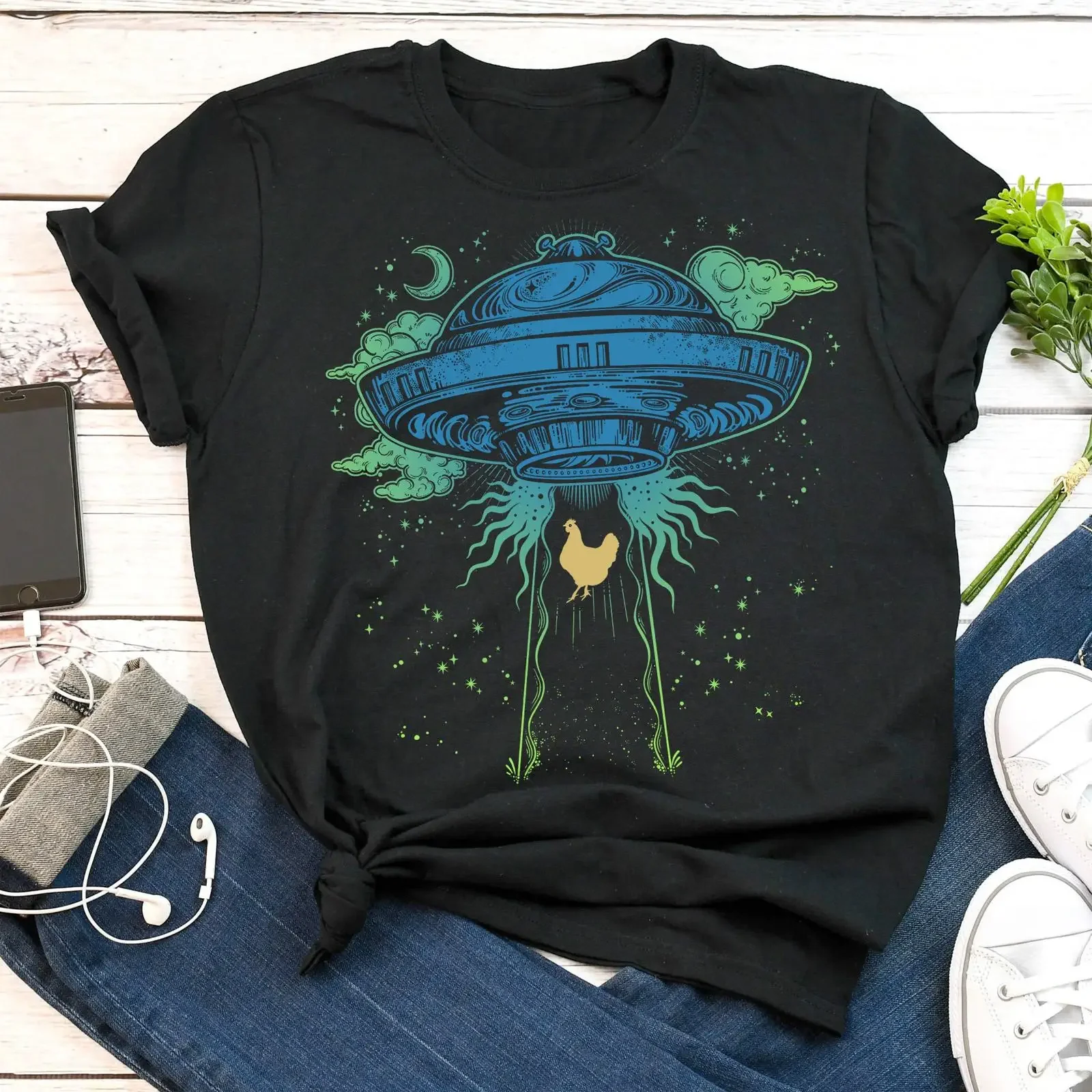 UFO Alien Abduction Chicken T Shirt Funny Extraterrestrial Lover Casual Area 51 for  vintage Washed Comfortable Slightly