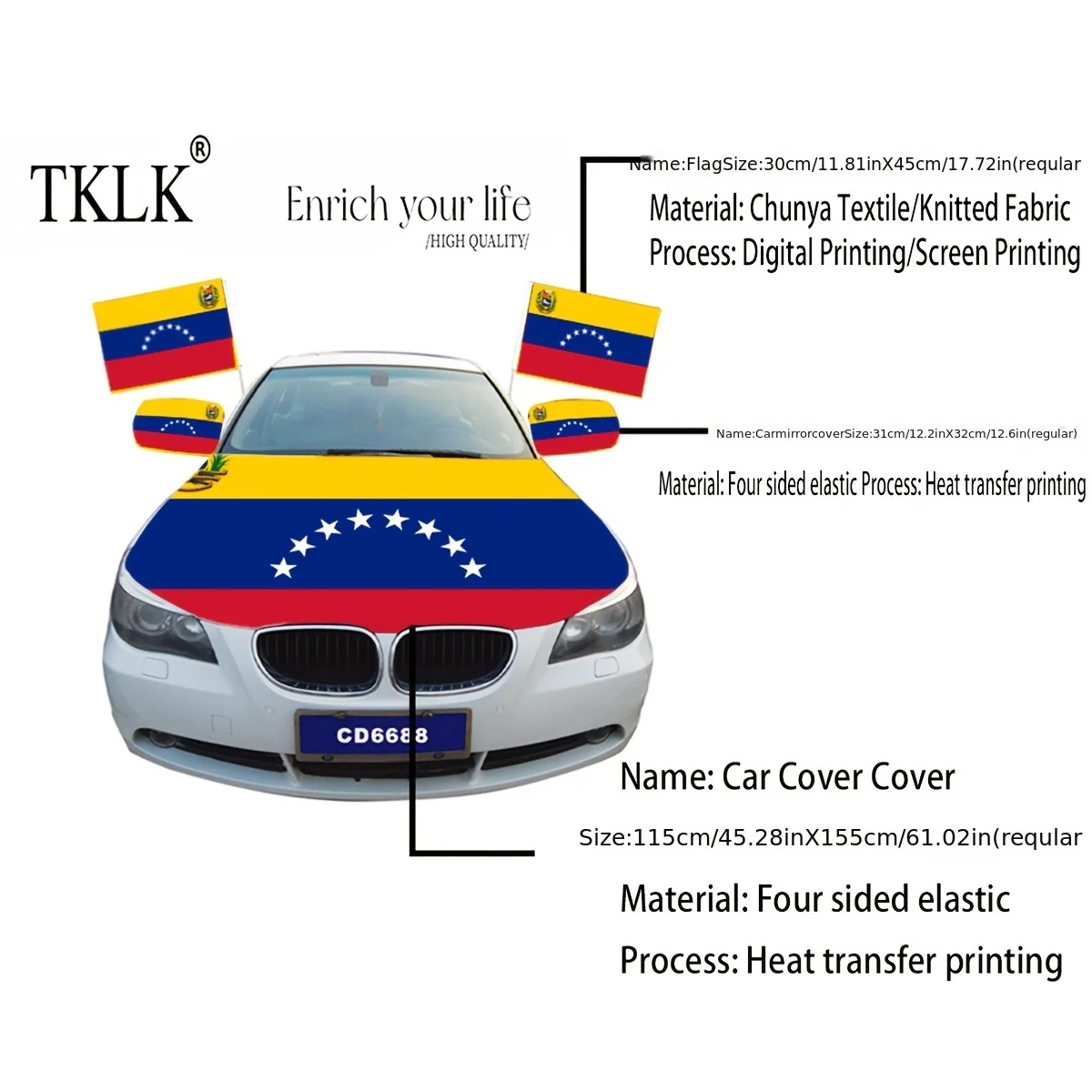 Venezuelan National Flag Car Hood cover, Car Flags and Mirror Cover Caps, Polyester Patriotic Car Accessories Decorations