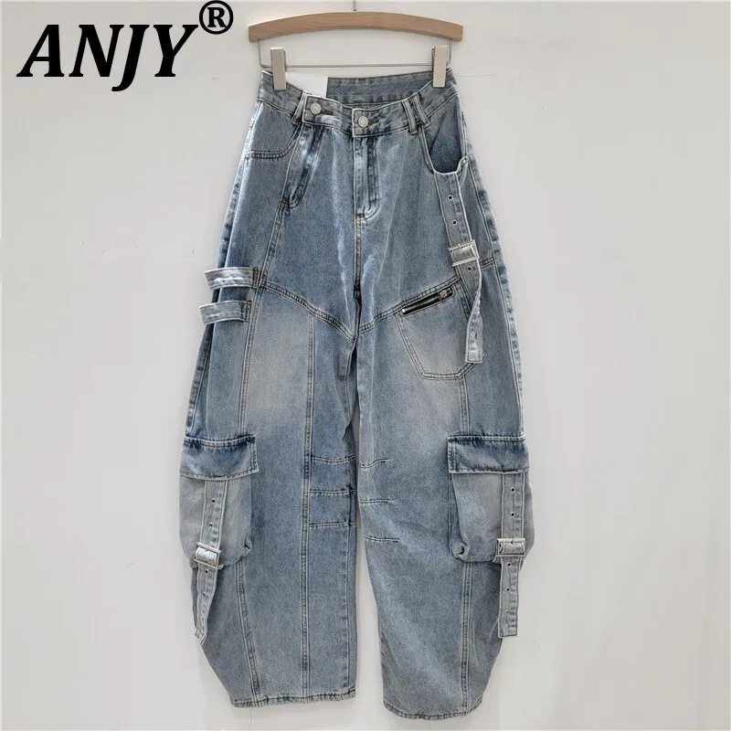 

ANJY Autumn New Woman Cargo Jeans Multi-Pocket Washed Spliced American Retro Streetwear Casual Trendy Denim Wide Leg Pants A8722