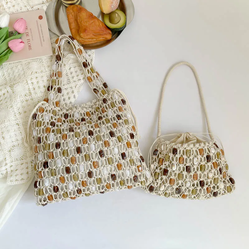 

Hot Sale Super Exquisite Beading Large Capacity Personality Shoulder Bags Retro Hollow Out Woven String Crossbody Bag for Women