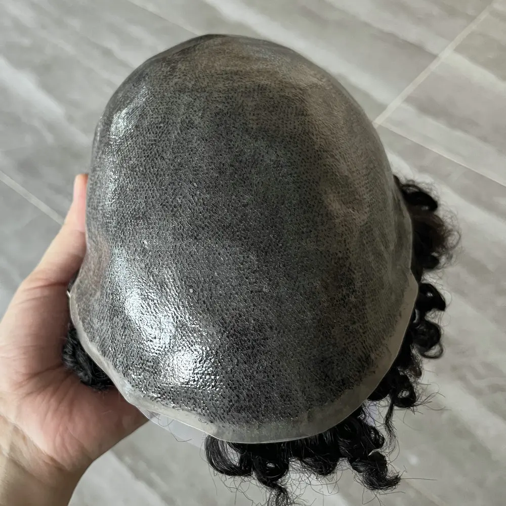 Sistema di sostituzione dei capelli da uomo ricci da 24 mm Pelle piena Base in PU Parrucchino da uomo Protesi per capelli umani Parrucca maschile durevole Attaccatura naturale dei capelli