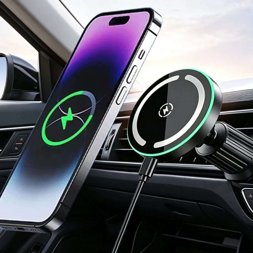 LED Car Wireless Charger, Secure Strong Magnetic Phone Holder Mount,  for iPhone 12 - 17 Pro Max All Series Smart Mobile Phones