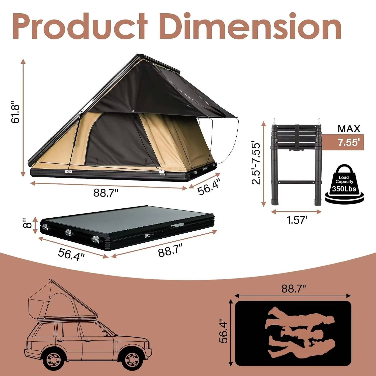 頑丈なハードシェル構造のルーフテント。2~3人用。LEDライ - Roof Top Tent Ladder Telescopic のレビューと価格