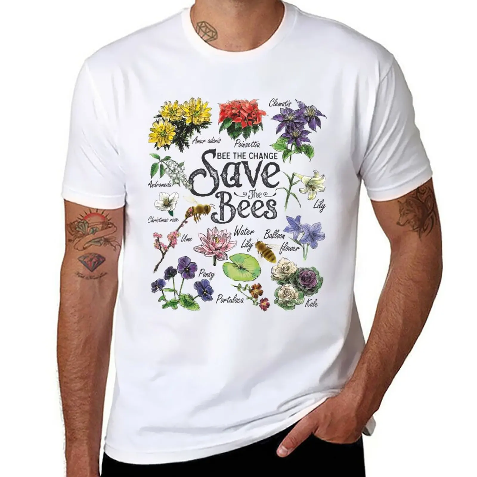 New Save The Bees Flowers Honey Bee Decline Clipart T-Shirt man clothes kawaii clothes Men's cotton t-shirt