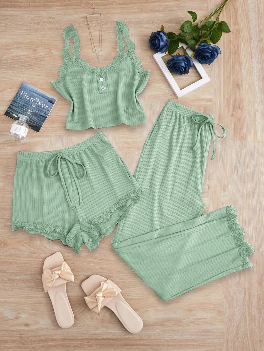 

Women's Pajama Set New Lace Lace Camisole Long Shorts Pajamas Women's Wear Slim 3-Piece Sleepwear Set Pijama Pjamas for Women
