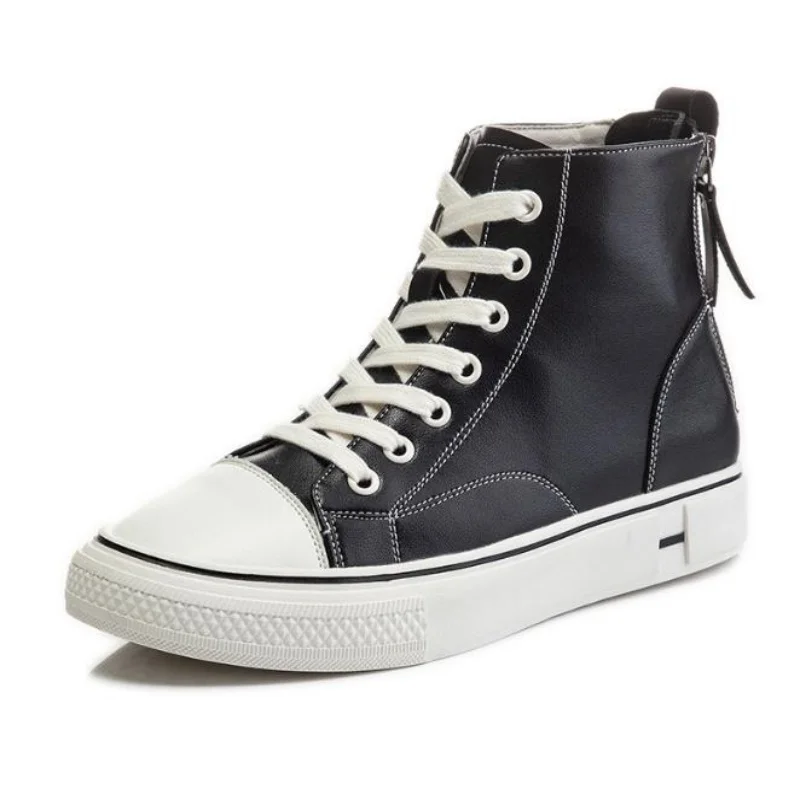 Size 35 43 Spring Lace-up High-top Genuine Leather Black White Shoes Women Sneaker Shoes Flat Base Casual Shoes