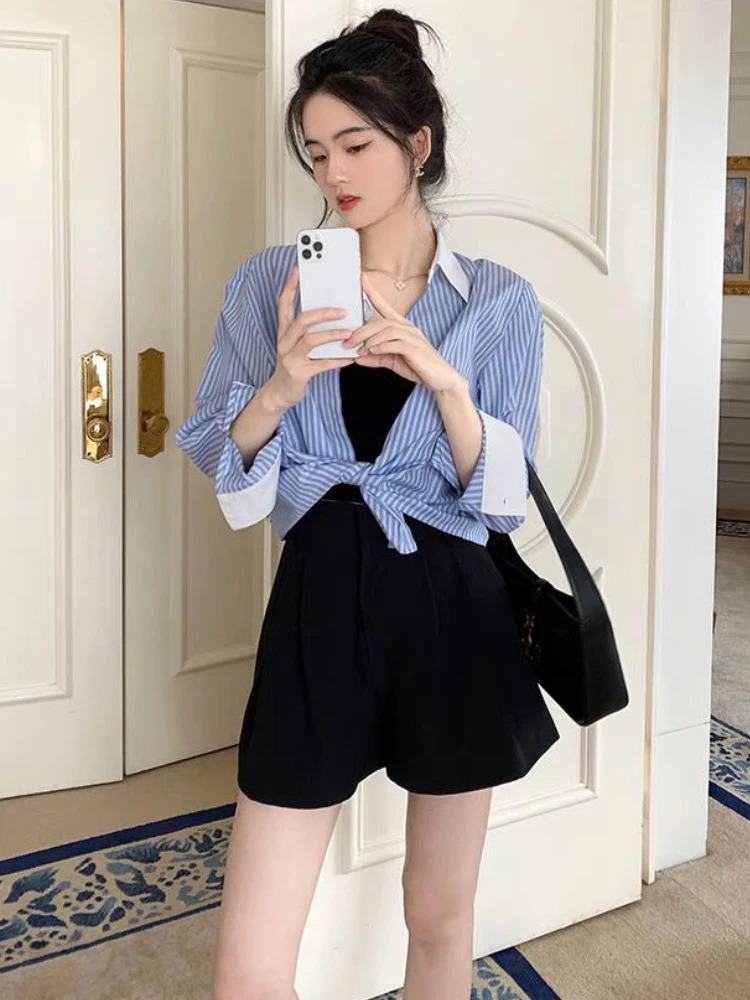 Striped Shirts Women Crop Temperament Design Retro Daily All-match Office Ladies Korean Style Spring Simple Loose Basic Panelled