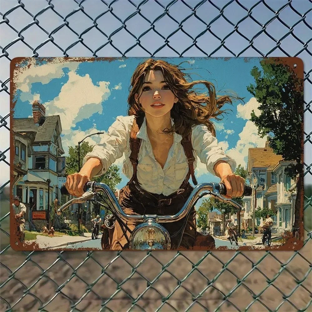 Vintage Motorcycle Metal Wall Art, 8x12 Inch Iron Riding Scene Decor for Home Bar Cafe