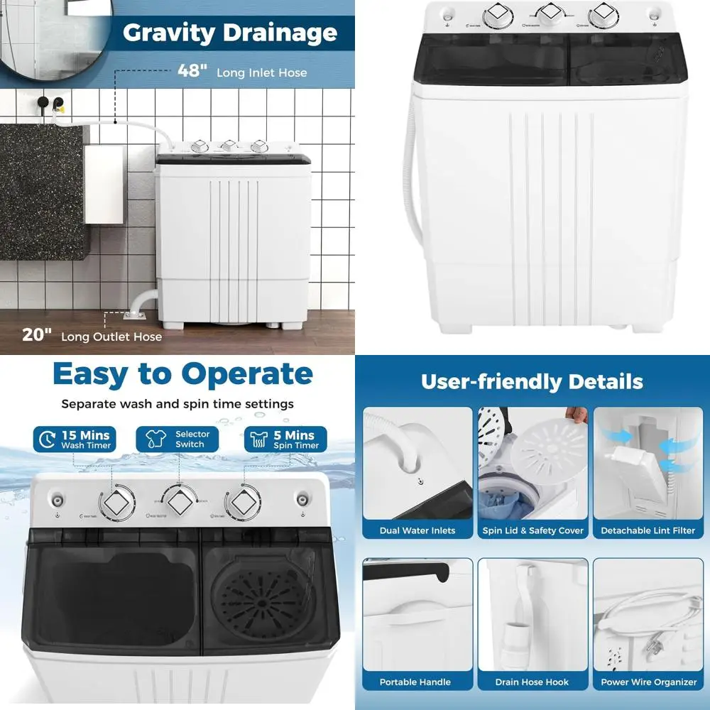 

Компактная портативная стиральная машина с двумя баками (20 фунтов: 12 фунтов для стирки, 8 фунтов для отжима), идеально подходит для общежитий и автодомов, черно-белая.