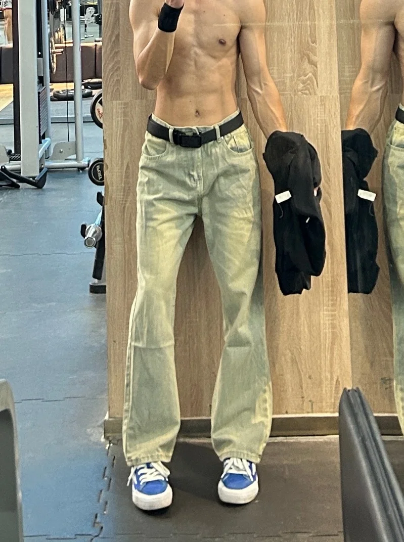 

Cleanfit Vintage High Street Yellow Mud Waed Jeans Men's Straight Leg Slim Fit Long Pants Water Waed Classic Blue Jeans