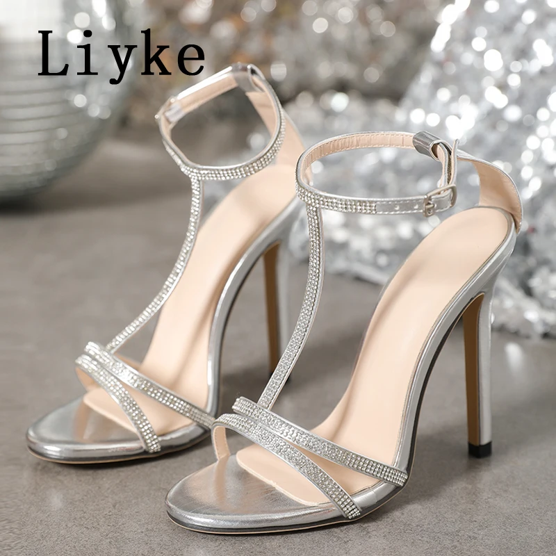 Liyke 2024 New Arrivals Silver Crystal Rhinestone Sandals For Women Open Toe Buckle Strap Thin High Heels Wedding Stripper Shoes