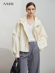 Amii Minimalist Spring Silky Glossy Casual Loose Double Neck Fake Two Piece Shoulder Long Sleeve Zipper Short Jacket 12541059