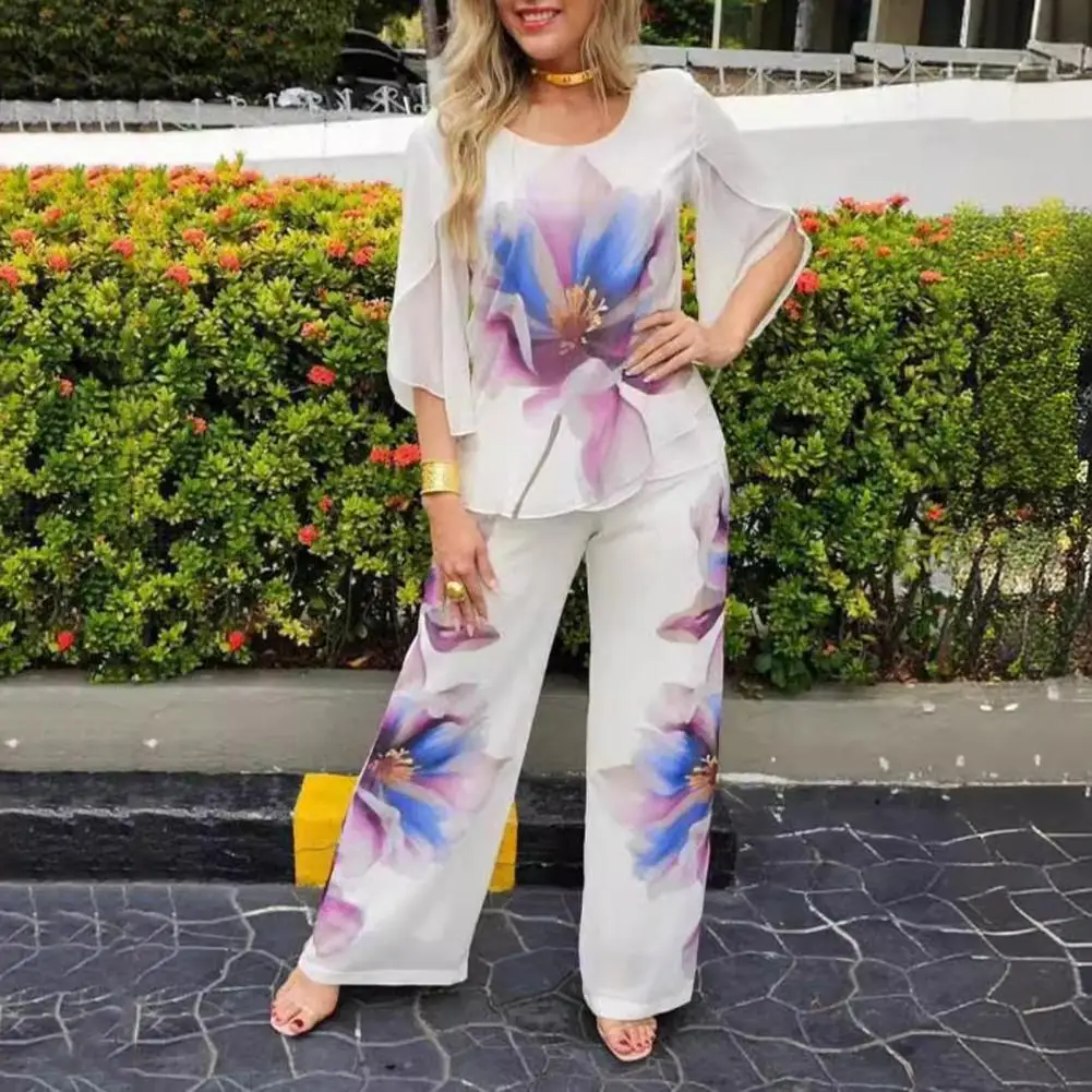 Fall Spring Two-piece Set Floral Print Women's T-shirt Pants Set with Irregular Sleeves Elastic Waist Colorblock for Women