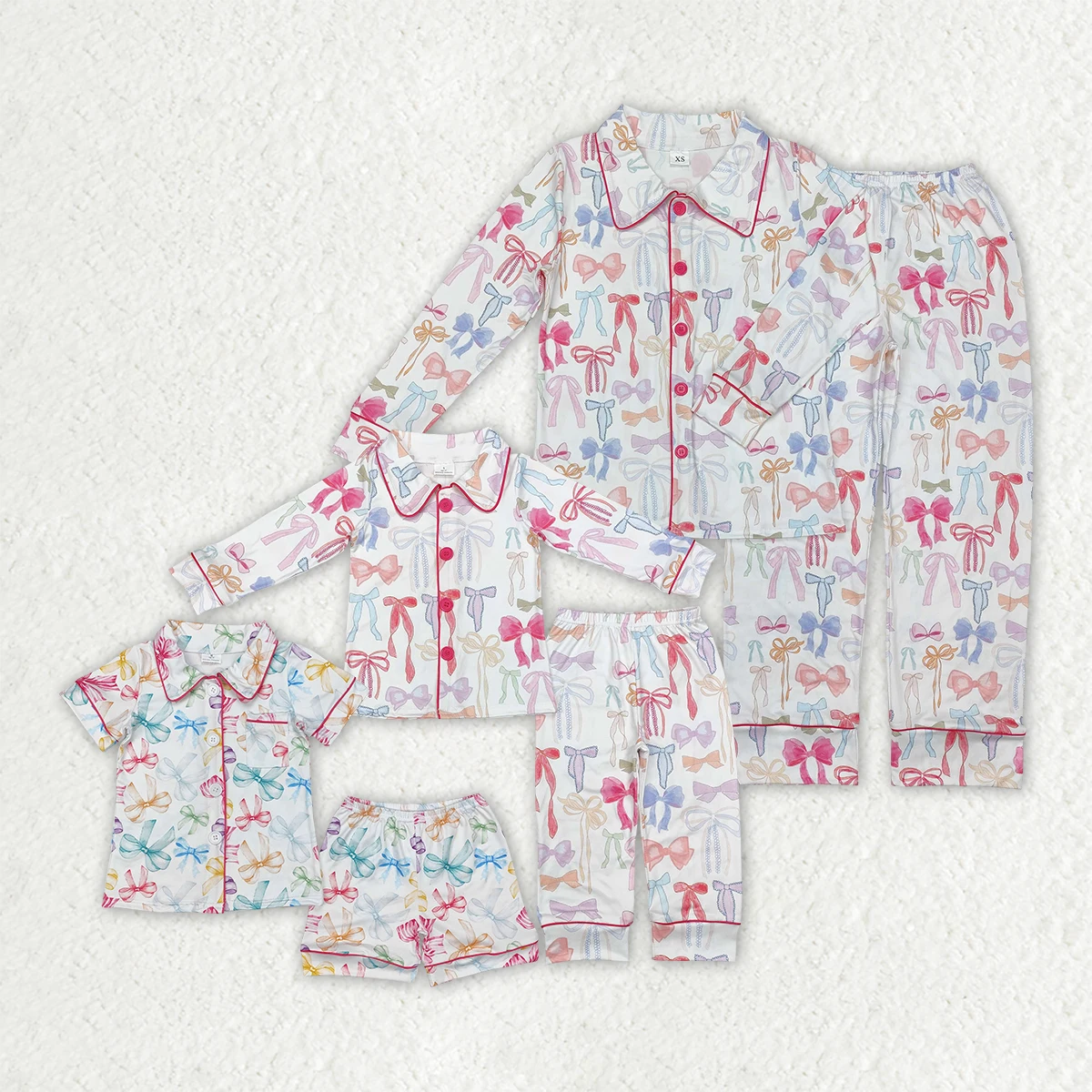 

GLP2077 Wholesale New Arrival Adult female colorful bow pattern Long Sleeve Pants Pajama Set Summer matching kids clothes girl