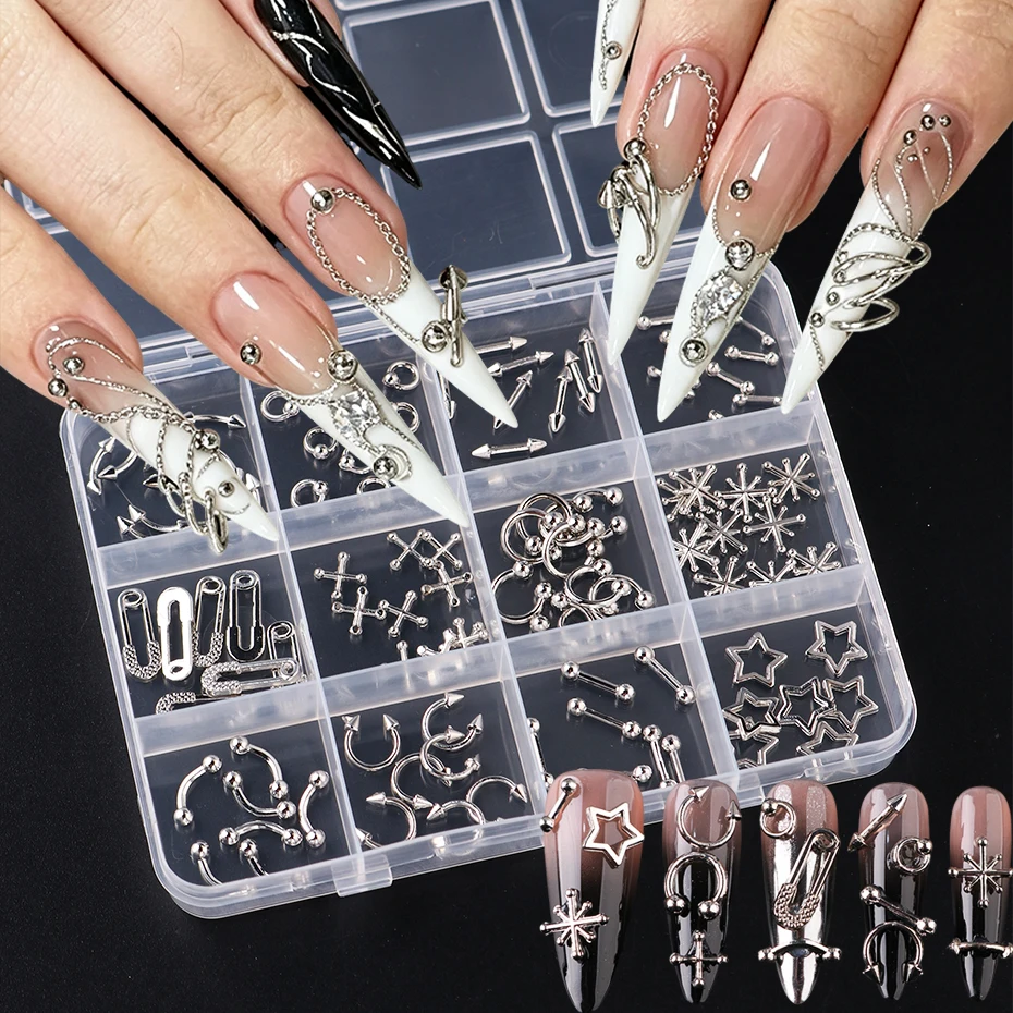 12 Grids Punk Metal Nail Charms Multi‑style Silvery Gothic Star Snowflake Pins Punched Rivet Y2K Nails Decoration Nail Supplies