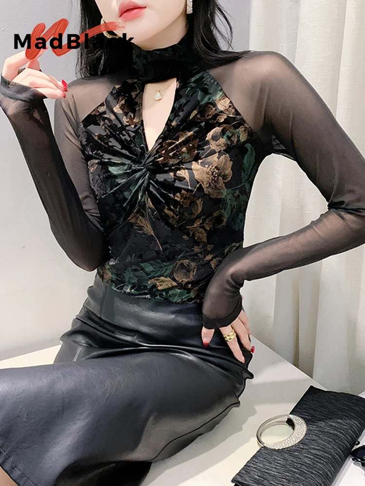 

MadBlack, European Clothes T-Shirt, Sexy Women Mock Neck Hollow Out Top, Vintage Long Sleeve Slim Mesh Tee, Fall Winter T40707CC