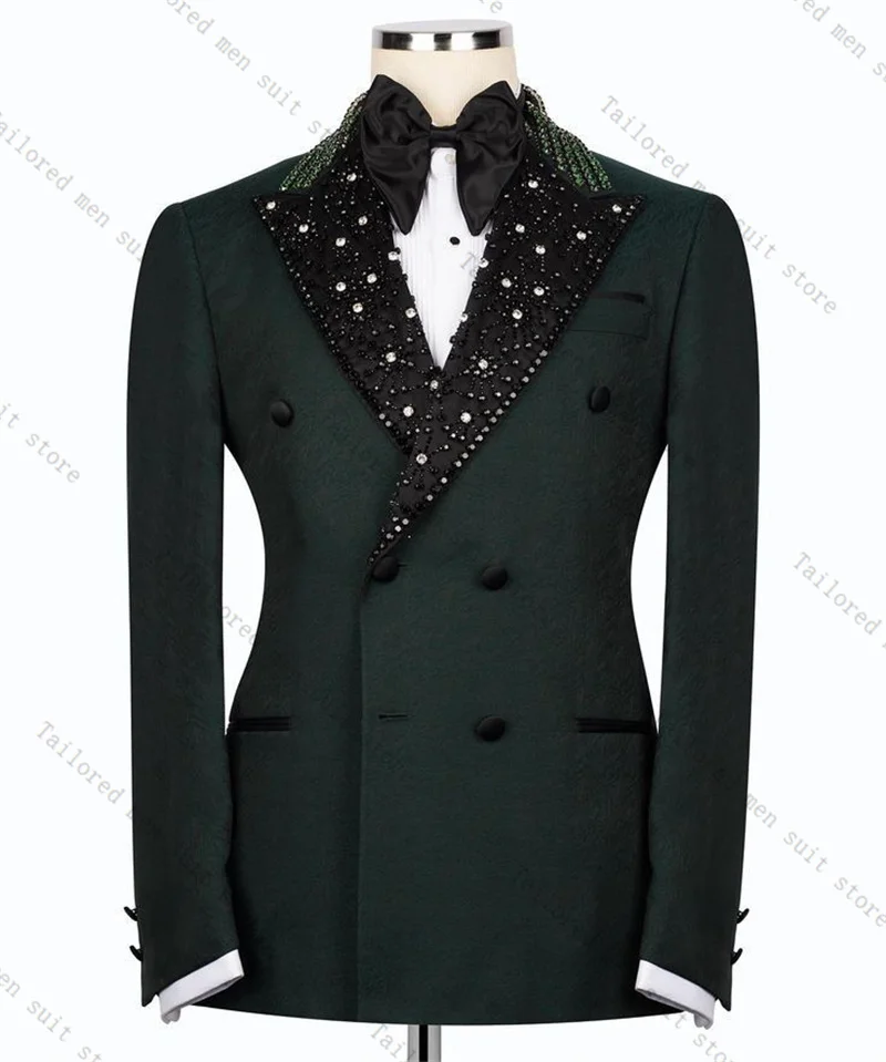 

Green Men Suits Set 2 Pieces Blazer+Black Pants Trousers Luxury Stone Crystals Wedding Prom Jacket Formal Office Groom Male Coat