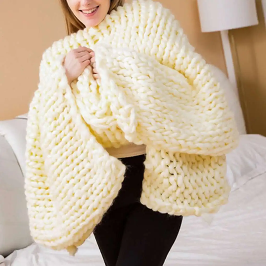 Cashmere-Like Knitted Throw Hand-Woven Large Comfortable Mat Coarse Wool Solid Color Sofa Blanket
