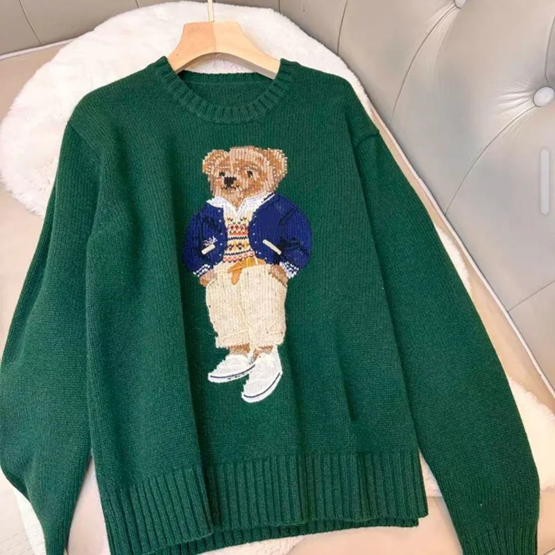 

Cartoon Teddy Bear Knitted Embroidery Pullover Women 2025 New Autumn Round Neck Female Knitted Sweater Casual Womens Tops