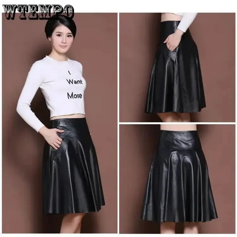 Leather Skirt Women's A-line Large Size Over The Knee Mid-length High-waist Pleated Skirt Autumn Winter New Skirt